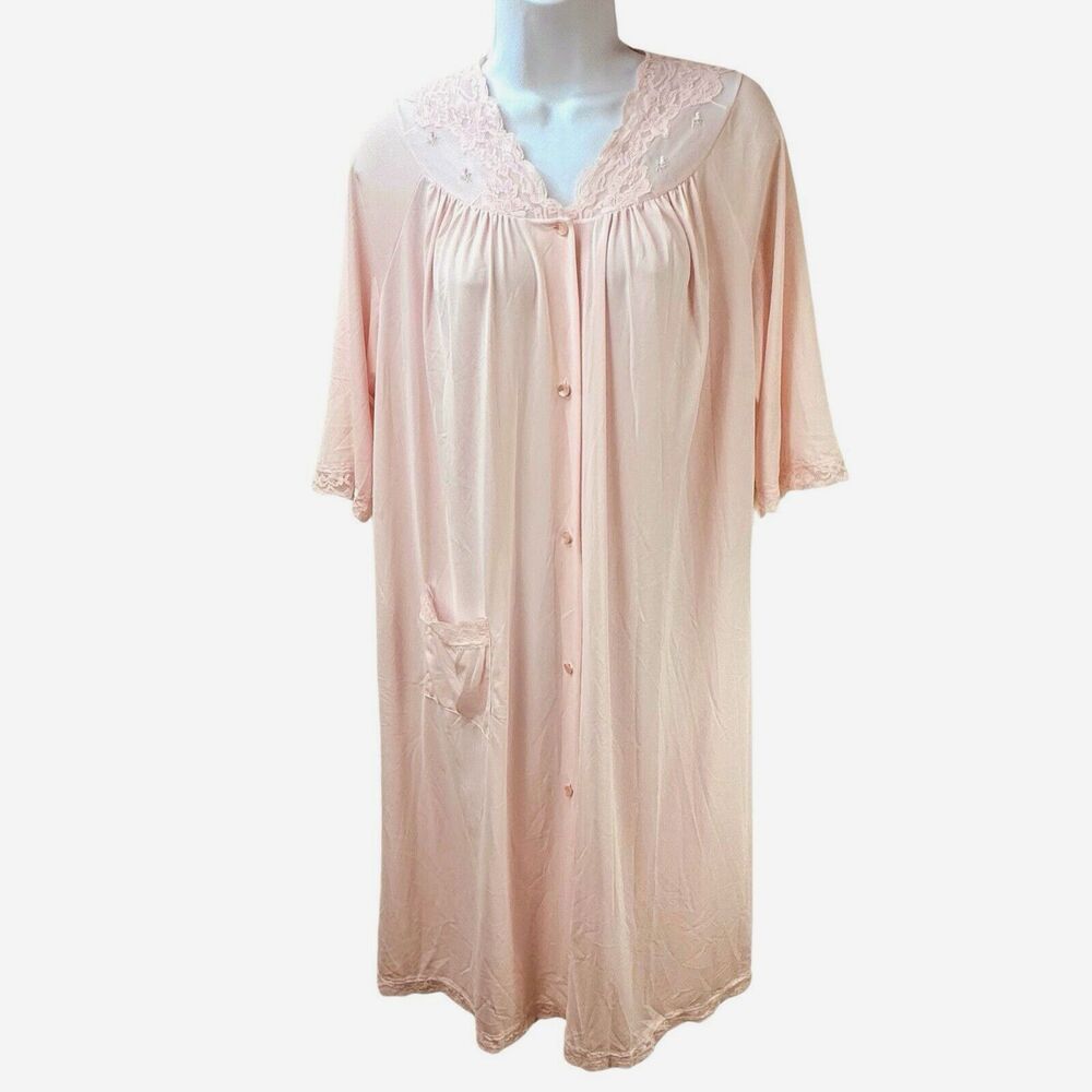 Shadowline Robe Womens M Vintage Nylon Floral Lace Pink 3/4 Sleeve Lightweight